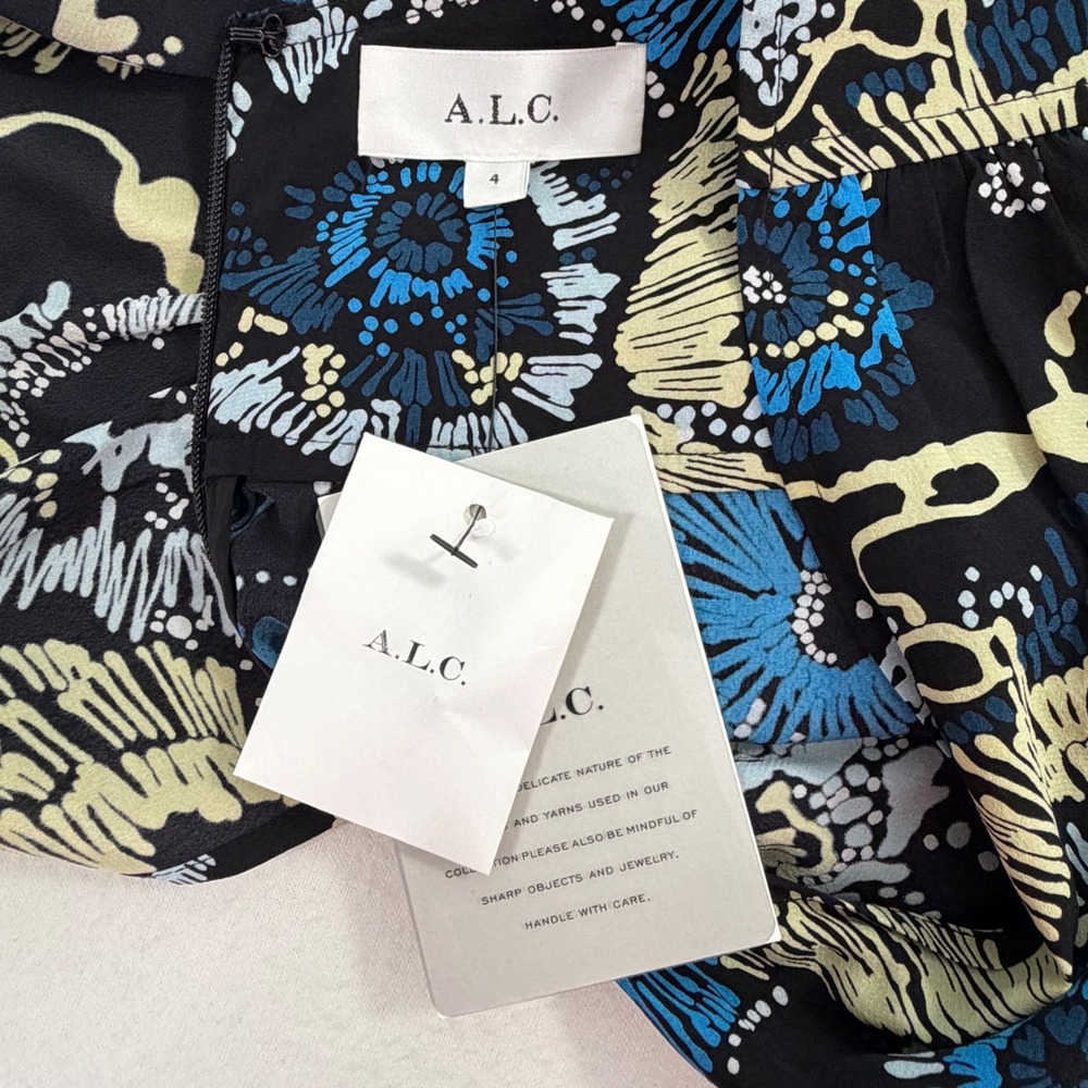 ALC Silk Mini Dress Floral VNeck Ruched Black Blue Long Sleeve Cocktail Sz 4 NWT - Picture 8 of 16